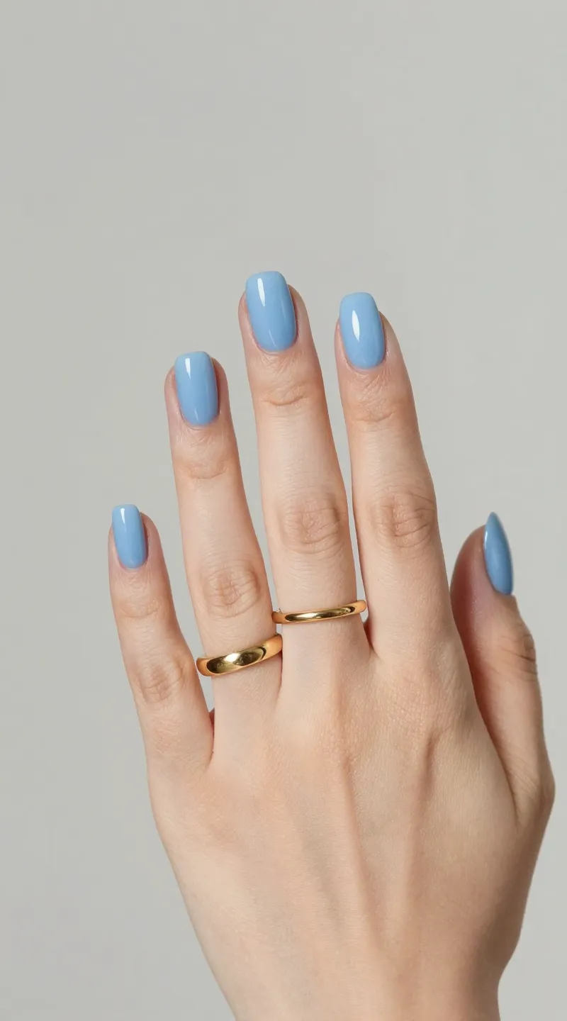 hand with baby blue glazed manicure, gold rings, glossy shine