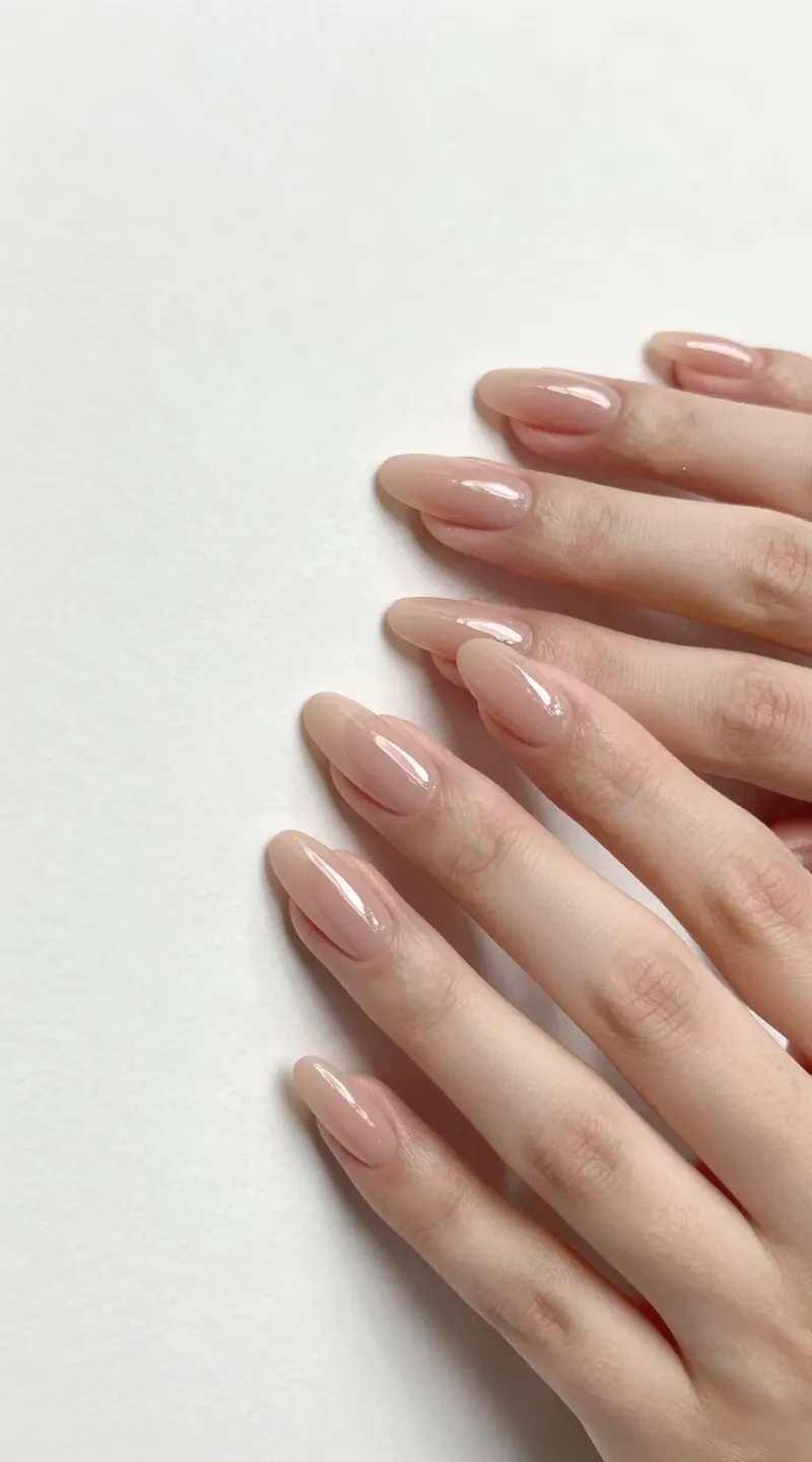 glossy nude coffin gel nails on clean white background