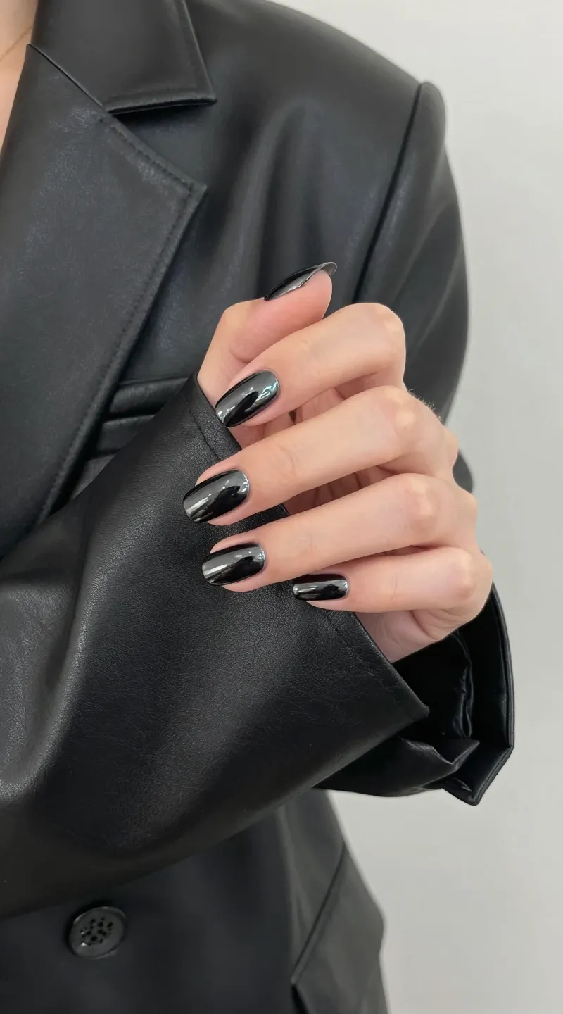 black chrome gel manicure holding leather blazer, glossy studio lighting