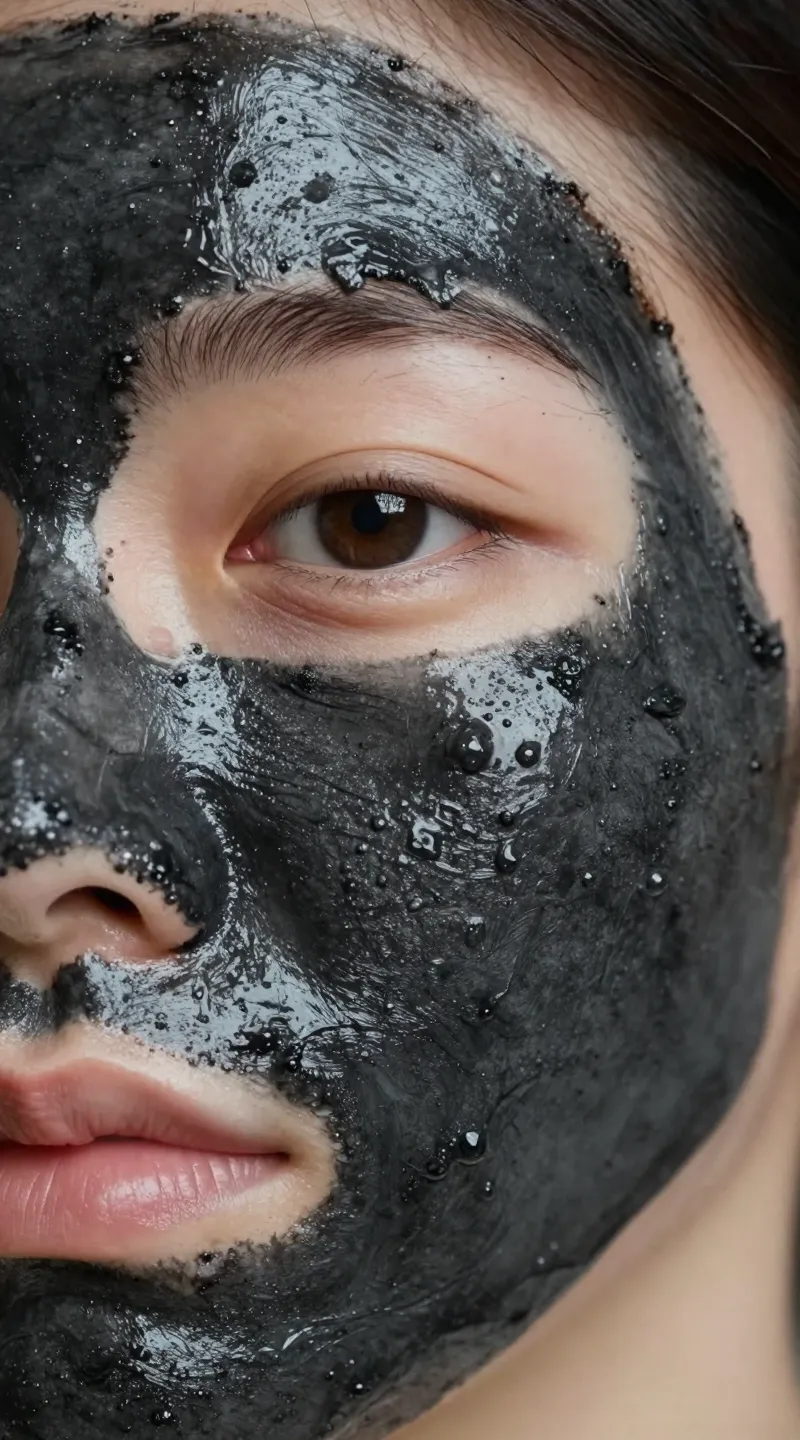 black charcoal face mask on model, close-up pore focus