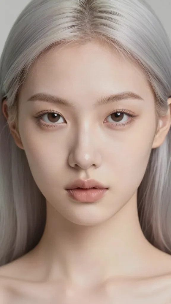 Pale-skinned model with cool-platinum hair against a warm brown-eyed look