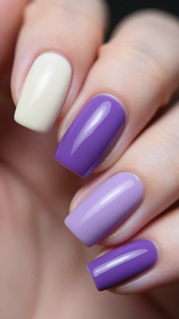 Close-up of purple manicure swatches in cream, lavender, and plum shades