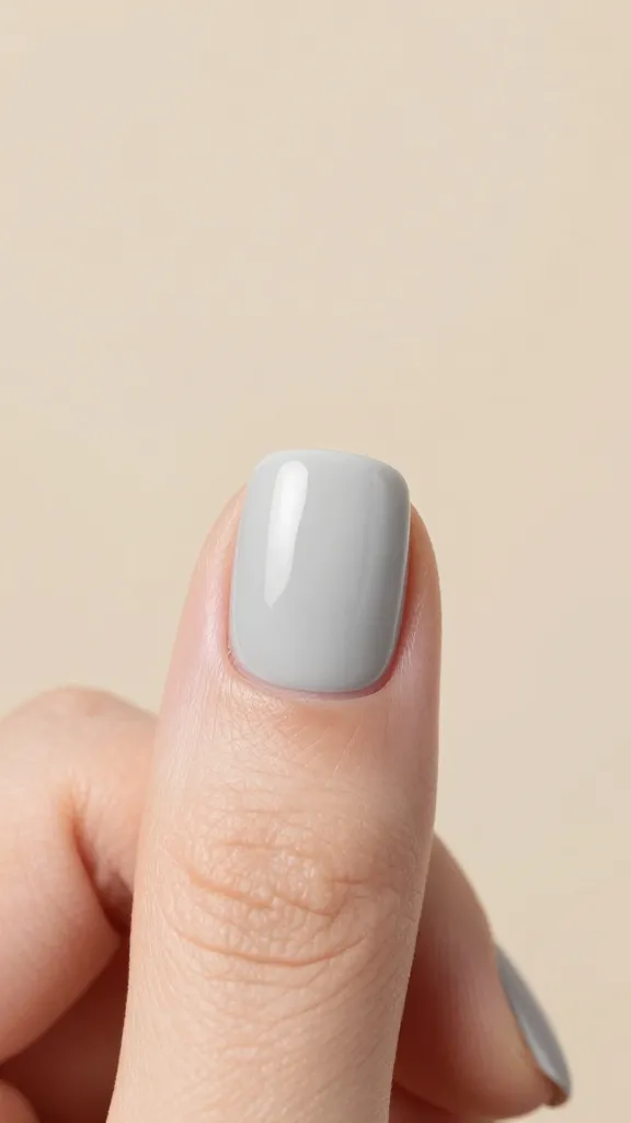 Focused shot of a single pale gray nail against soft beige backdrop