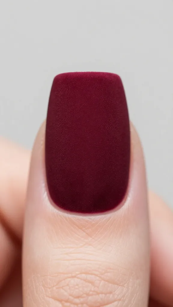 Close-up of a single nail featuring burgundy velvet matte nail decor