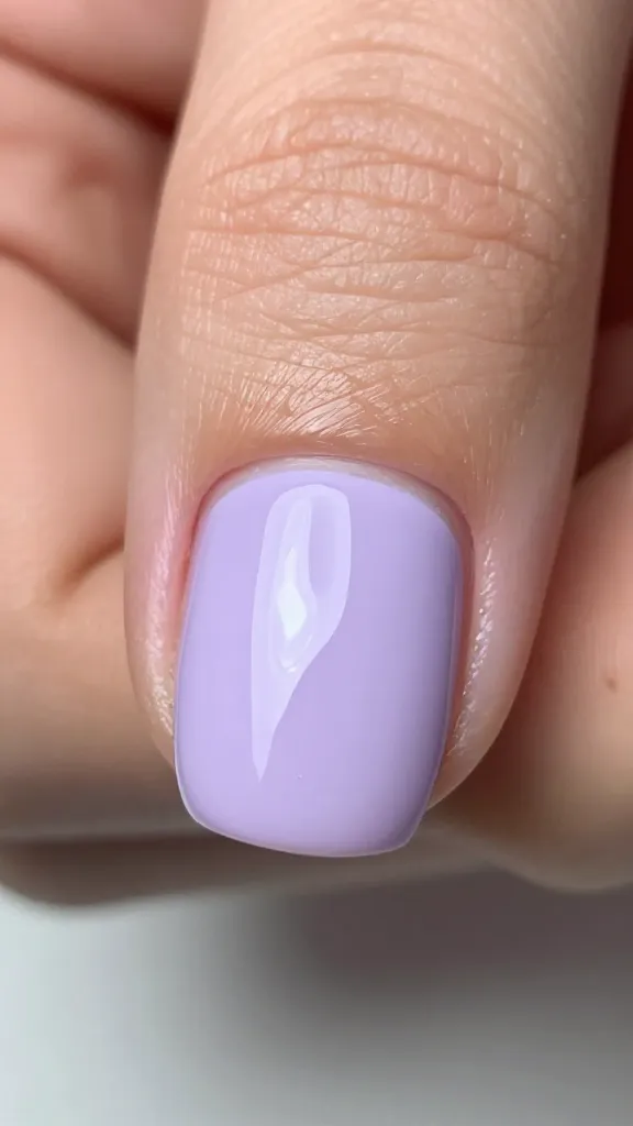 closeup of a single pale lilac gel nail on fingertip