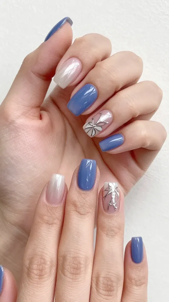 Closeup of a single two-tone almond-shaped nail with diagonal black-nude split