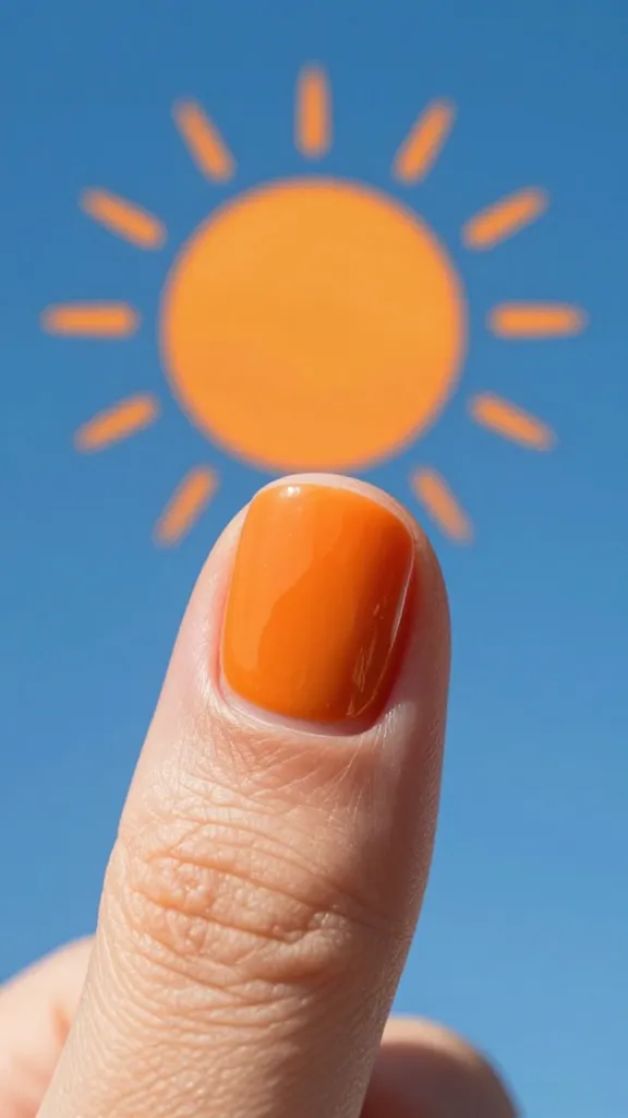 Focused shot on one nail showing negative-space orange sun shapes over blue
