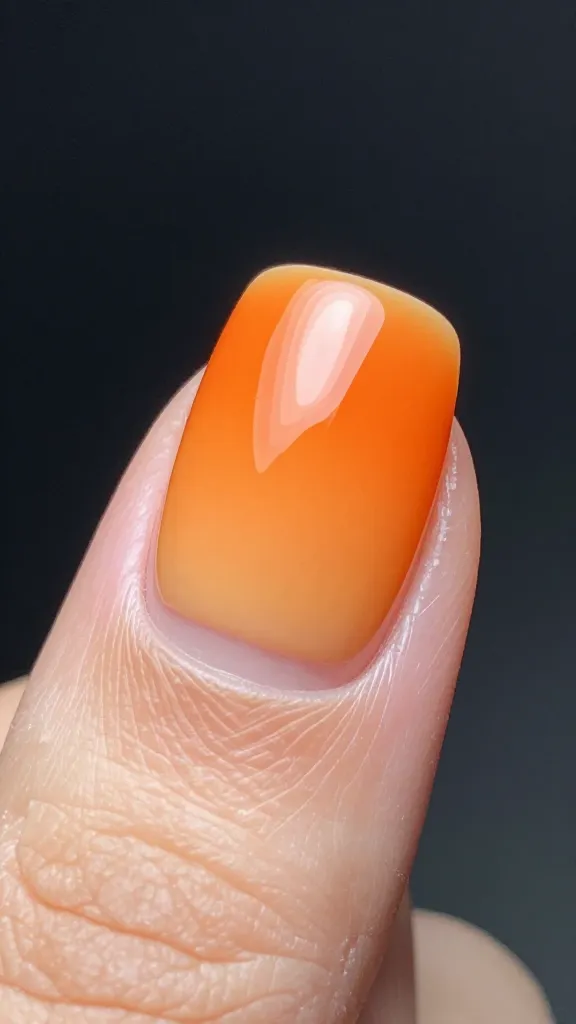 Closeup of a single orange nail with gradient citrus ombre on fingertip