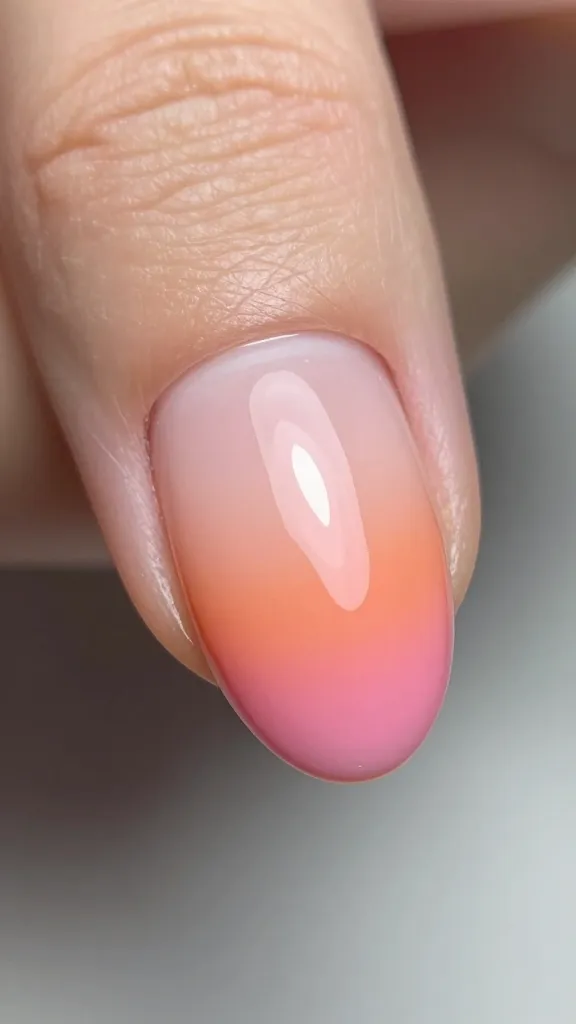 Macro shot of a single nail displaying pink-to-orange ombre on almond tip