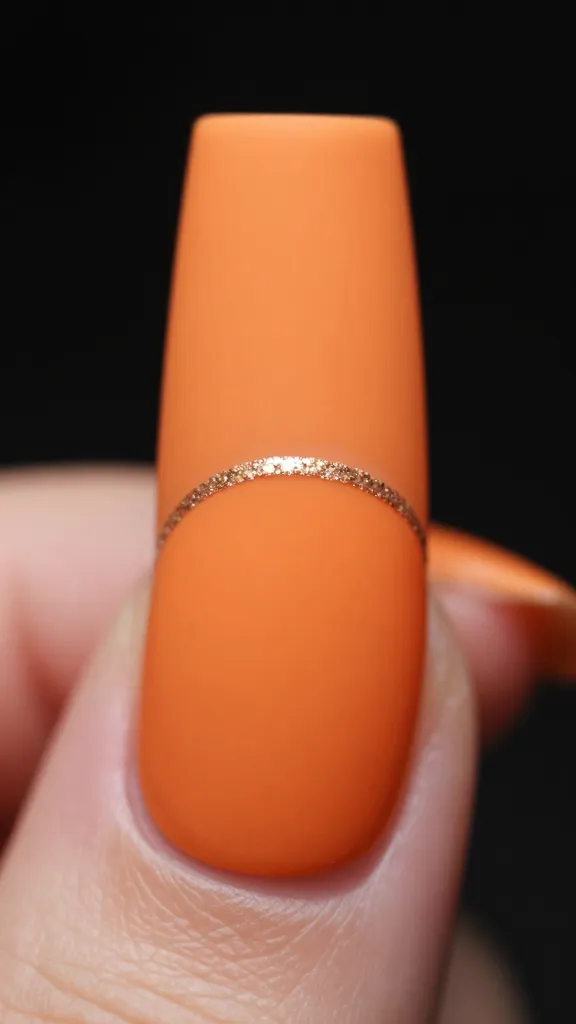 Focused image of a single matte orange nail with glitter accent cap/edge