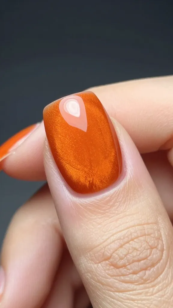 Closeup of a single glossy orange cat-eye nail under focused studio lighting