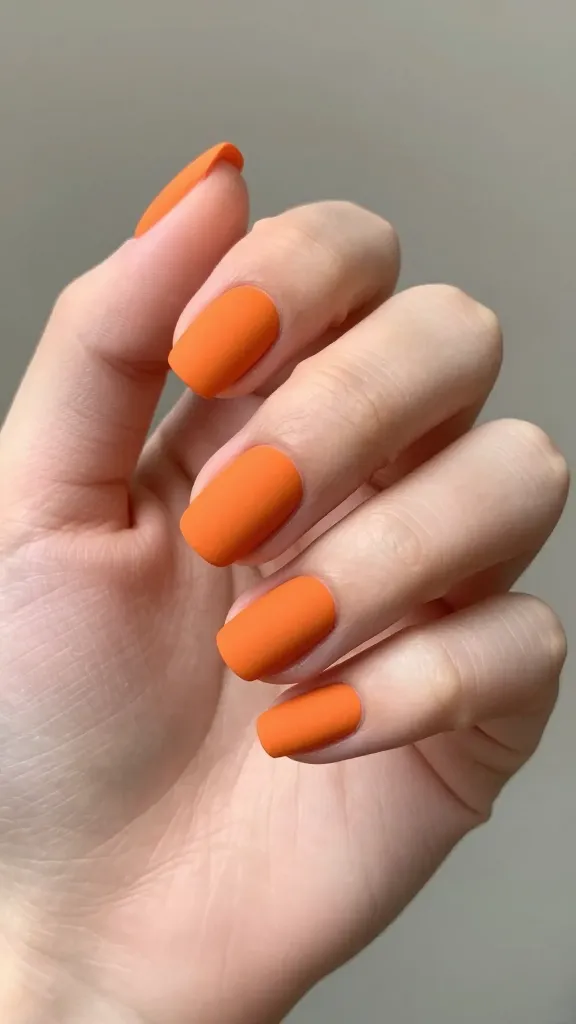 Closeup of a single hand with Classic Matte Orange nails, neutral blurred background