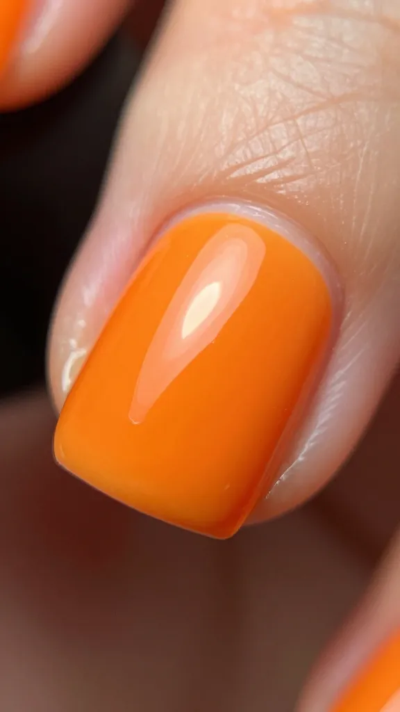 Macro shot of bright orange square nail edge, cuticle hydration hint, minimal light glare