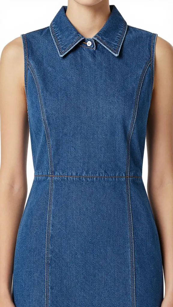 Closeup of a minimalist denim sheath dress with sharp collar detail