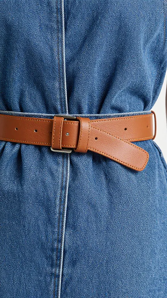 Closeup of tan leather mules paired with a clean-cut denim dress belt accent